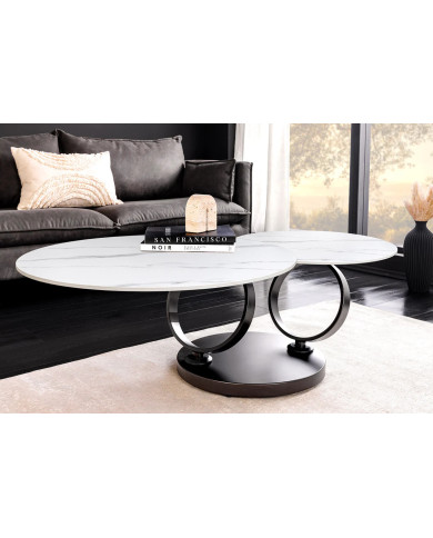 Table Basse Plateau Céramique Pivotant Effet Marbre Blanc pieds en métal noir DANCING 80–135 cm –