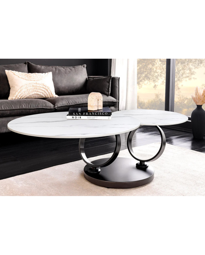 Table Basse Plateau Céramique Pivotant Effet Marbre Blanc pieds en métal noir DANCING 80–135 cm –