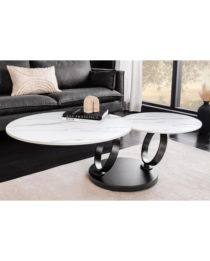 Table Basse Plateau Céramique Pivotant Effet Marbre Blanc pieds en métal noir DANCING 80–135 cm –