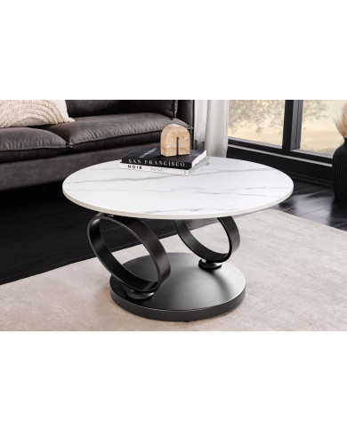 Table Basse Plateau Céramique Pivotant Effet Marbre Blanc pieds en métal noir DANCING 80–135 cm –