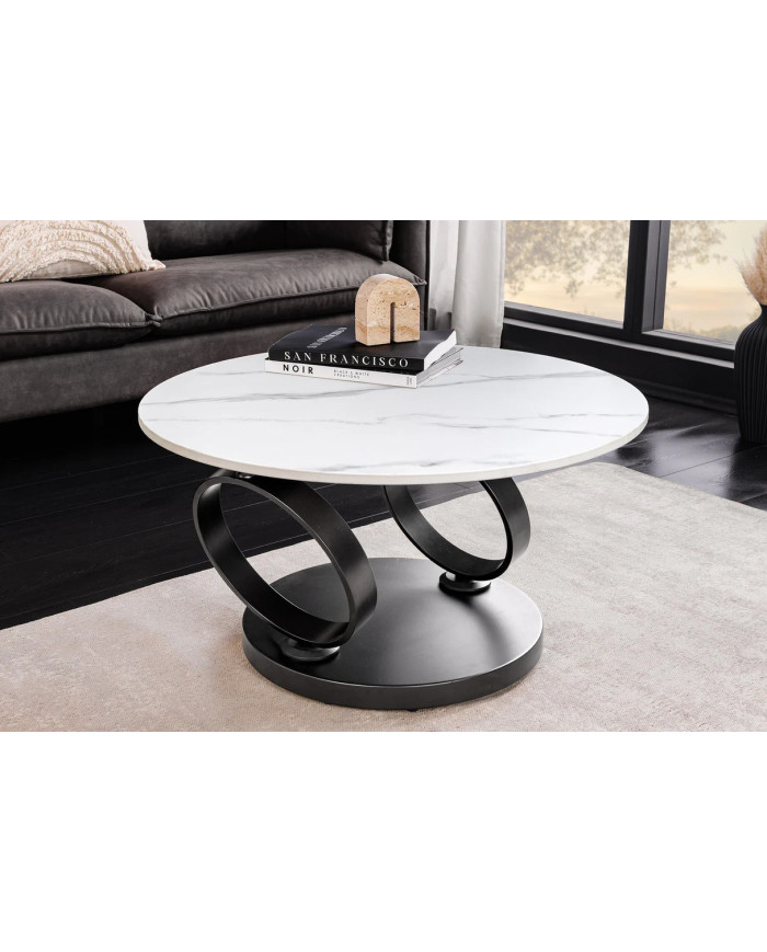 Table Basse Plateau Céramique Pivotant Effet Marbre Blanc pieds en métal noir DANCING 80–135 cm –