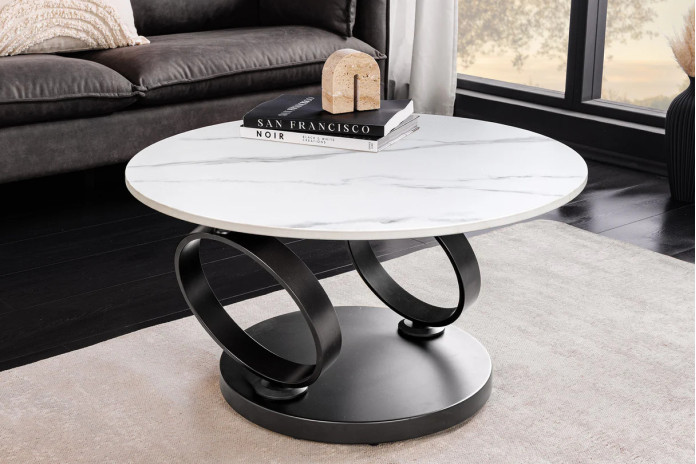 Table Basse Plateau Céramique Pivotant Effet Marbre Blanc pieds en métal noir DANCING 80–135 cm –