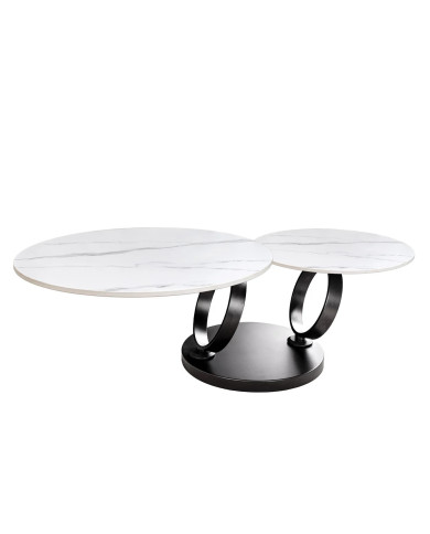 Table Basse Plateau Céramique Pivotant Effet Marbre Blanc pieds en métal noir DANCING 80–135 cm –