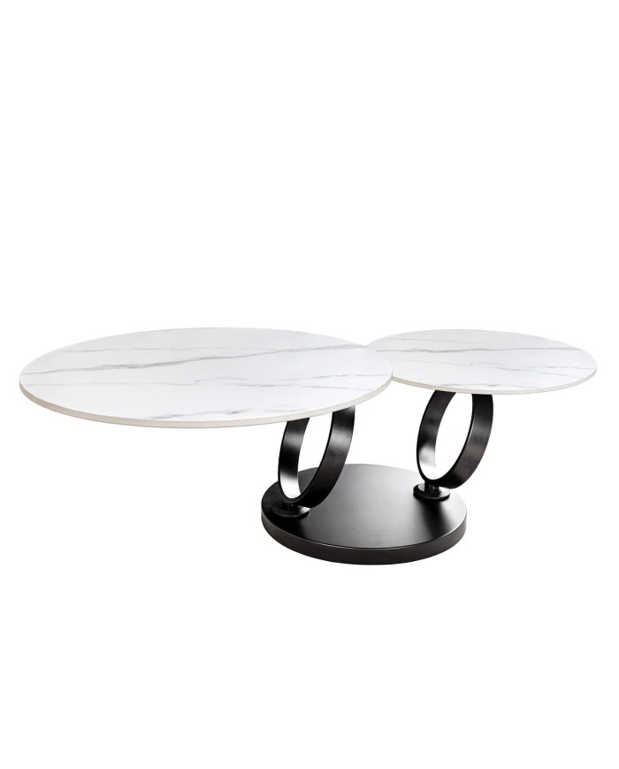 Table Basse Plateau Céramique Pivotant Effet Marbre Blanc pieds en métal noir DANCING 80–135 cm –