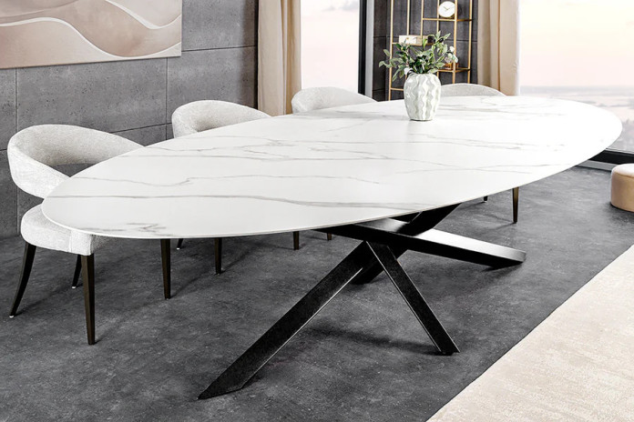 Table à manger plateau céramique ovale marbre blanc 280 cm Sculptura