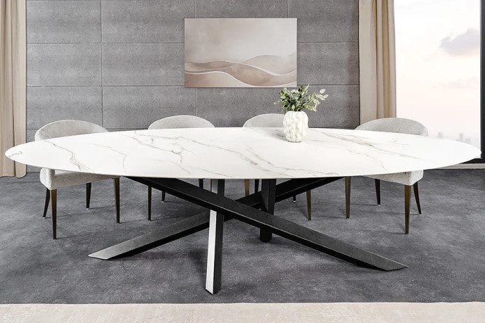 Table à manger plateau céramique ovale marbre blanc 280 cm Sculptura