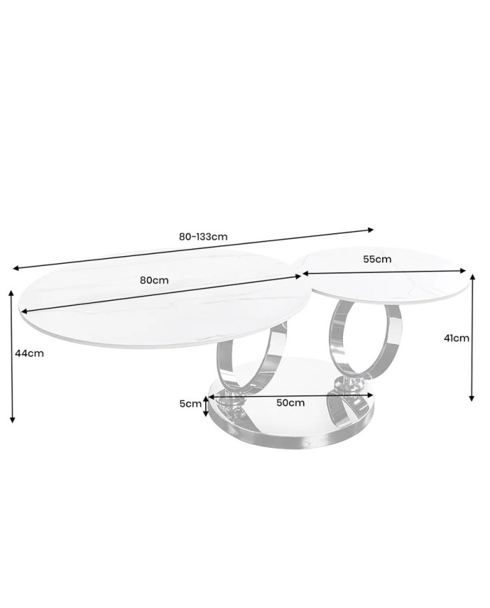 Table Basse Plateau Céramique Pivotant Effet Marbre Blanc pieds en métal noir DANCING 80–135 cm –