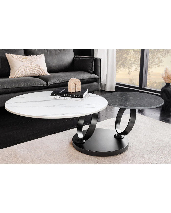Table Basse Plateau Céramique Pivotant Effet Marbre Blanc et anthracite pieds en métal noir DANCING 80–135 cm –
