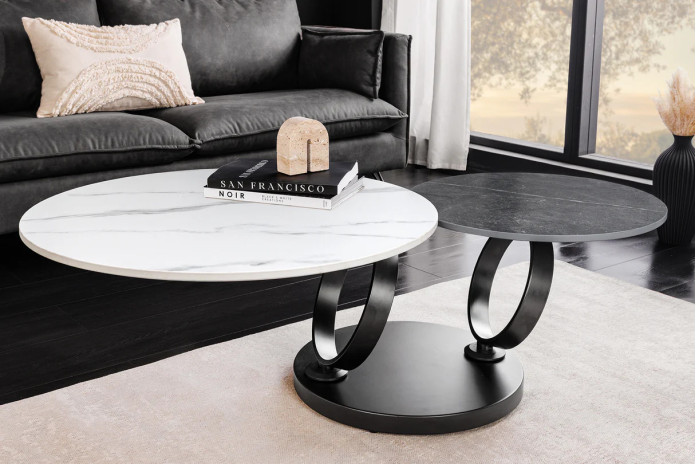 Table Basse Plateau Céramique Pivotant Effet Marbre Blanc et anthracite pieds en métal noir DANCING 80–135 cm –