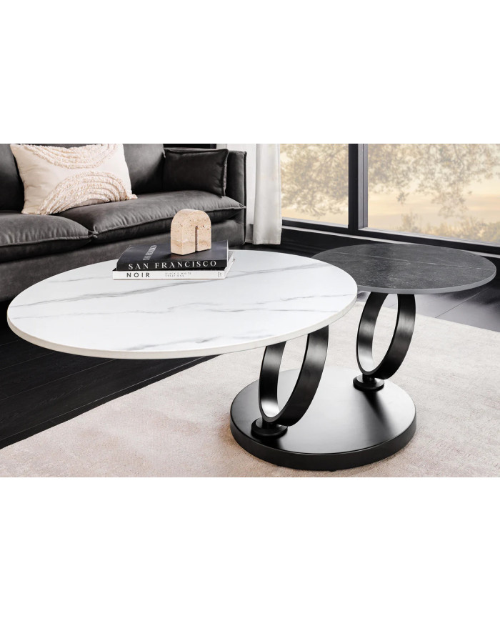 Table Basse Plateau Céramique Pivotant Effet Marbre Blanc et anthracite pieds en métal noir DANCING 80–135 cm –