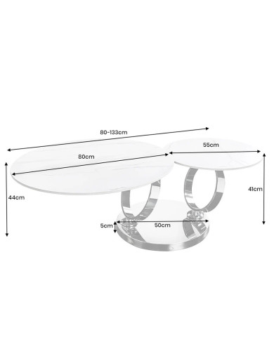 Table Basse Plateau Céramique Pivotant Effet Marbre Blanc et anthracite pieds en métal noir DANCING 80–135 cm –