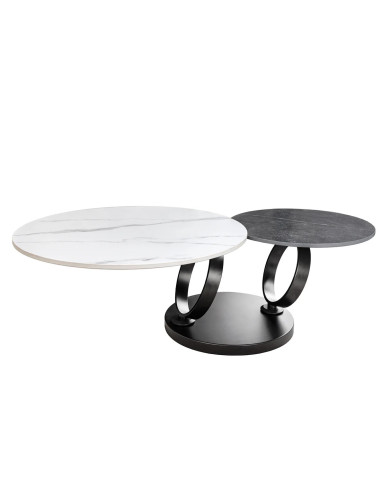 Table Basse Plateau Céramique Pivotant Effet Marbre Blanc et anthracite pieds en métal noir DANCING 80–135 cm –
