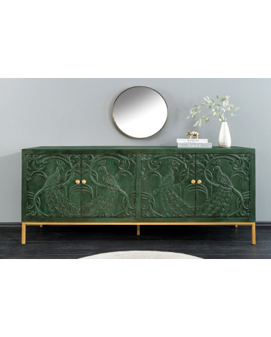 Buffet commode 4 portes 175 cm en bois de manguier aspect vert antique et pied doré fait main PALAZZO