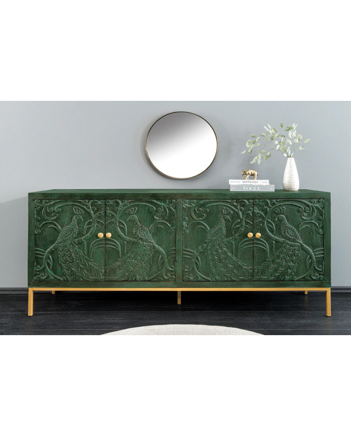 Buffet commode 4 portes 175 cm en bois de manguier aspect vert antique et pied doré fait main PALAZZO