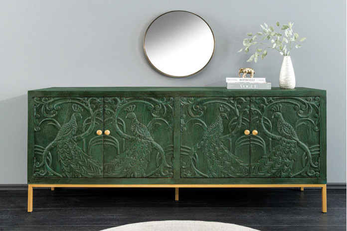 Buffet commode 4 portes 175 cm en bois de manguier aspect vert antique et pied doré fait main PALAZZO