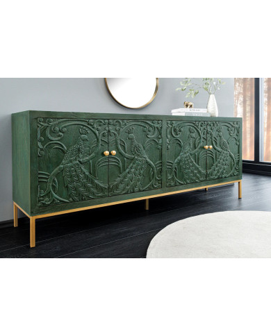 Buffet commode 4 portes 175 cm en bois de manguier aspect vert antique et pied doré fait main PALAZZO