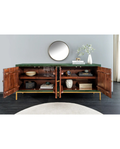 Buffet commode 4 portes 175 cm en bois de manguier aspect vert antique et pied doré fait main PALAZZO