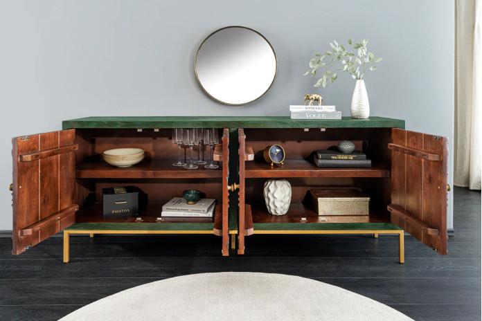 Buffet commode 4 portes 175 cm en bois de manguier aspect vert antique et pied doré fait main PALAZZO