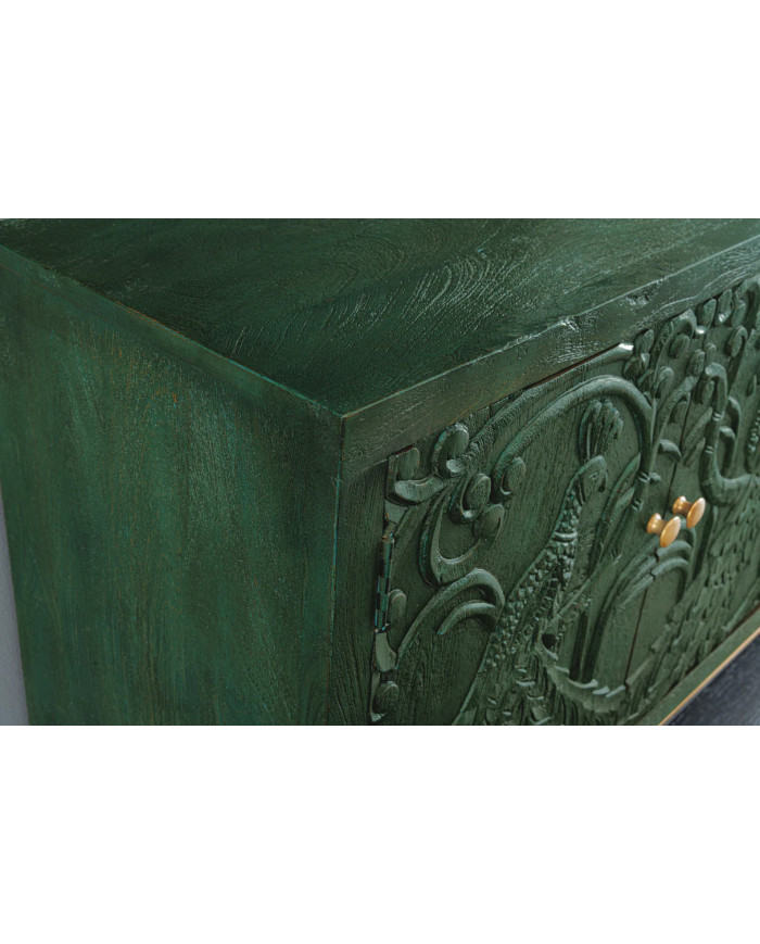 Buffet commode 4 portes 175 cm en bois de manguier aspect vert antique et pied doré fait main PALAZZO