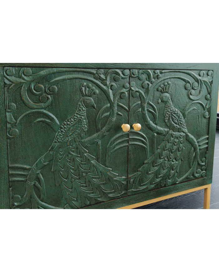 Buffet commode 4 portes 175 cm en bois de manguier aspect vert antique et pied doré fait main PALAZZO