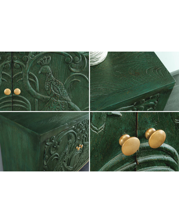 Buffet commode 4 portes 175 cm en bois de manguier aspect vert antique et pied doré fait main PALAZZO