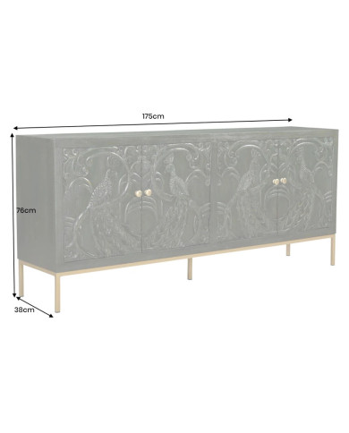 Buffet commode 4 portes 175 cm en bois de manguier aspect vert antique et pied doré fait main PALAZZO