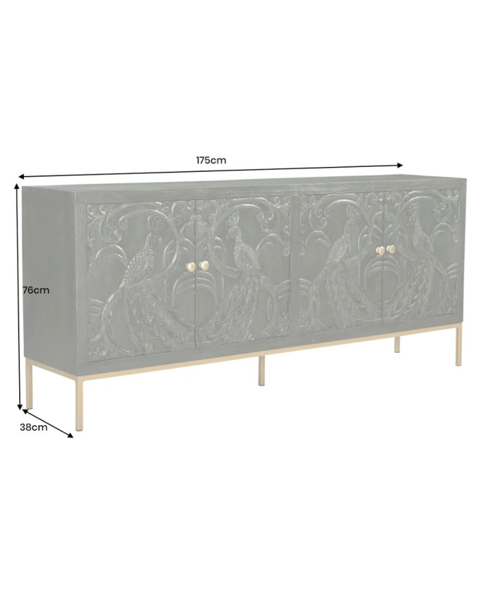 Buffet commode 4 portes 175 cm en bois de manguier aspect vert antique et pied doré fait main PALAZZO