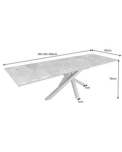 Table en céramique italienne extensible effet marbre blanc pieds métal noir 180(260)x95x76 cm Aurelia