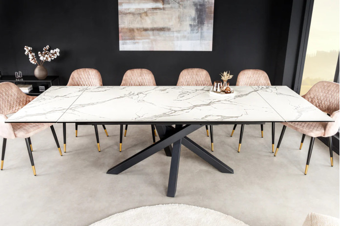 Table en céramique italienne extensible effet marbre blanc pieds métal noir 180(260)x95x76 cm Aurelia