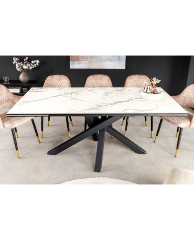 Table en céramique italienne extensible effet marbre blanc pieds métal noir 180(260)x95x76 cm Aurelia