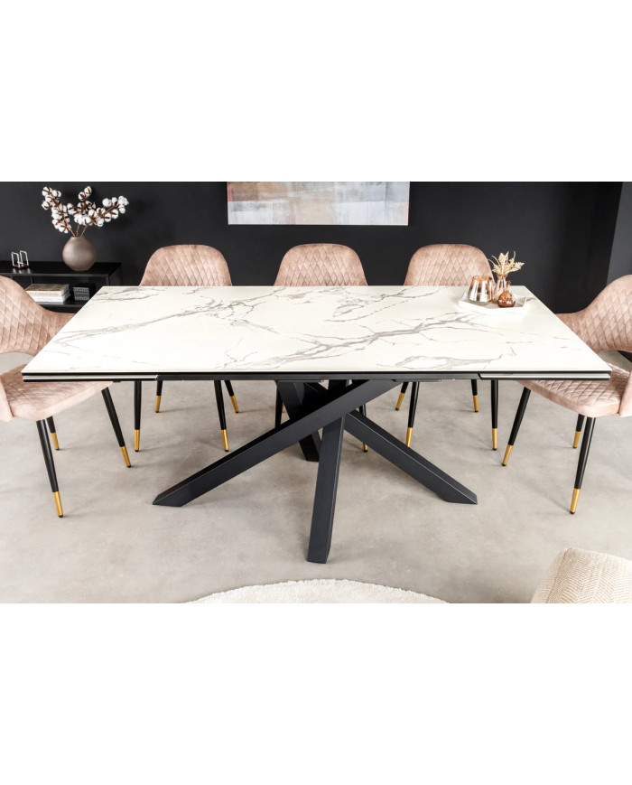 Table en céramique italienne extensible effet marbre blanc pieds métal noir 180(260)x95x76 cm Aurelia