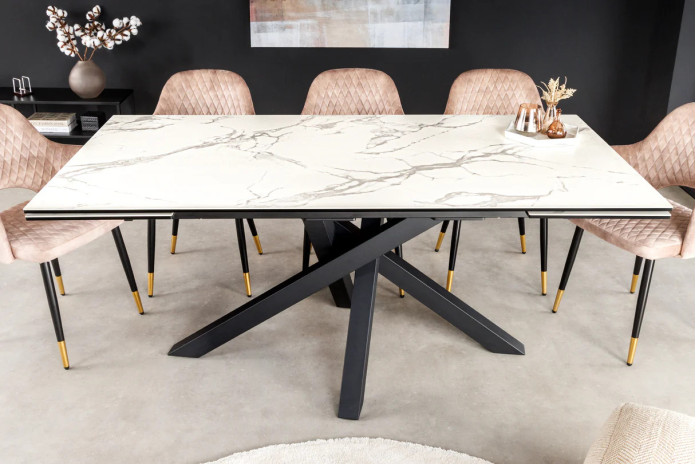 Table en céramique italienne extensible effet marbre blanc pieds métal noir 180(260)x95x76 cm Aurelia
