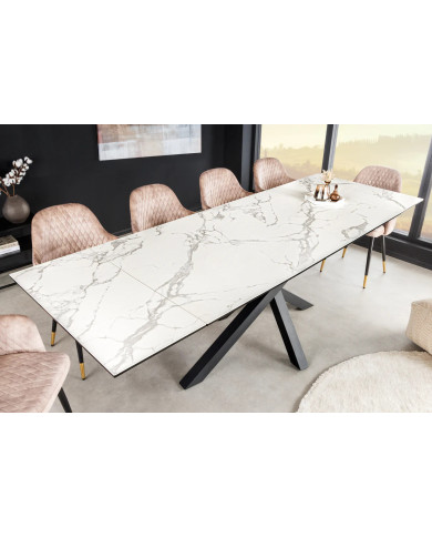 Table en céramique italienne extensible effet marbre blanc pieds métal noir 180(260)x95x76 cm Aurelia