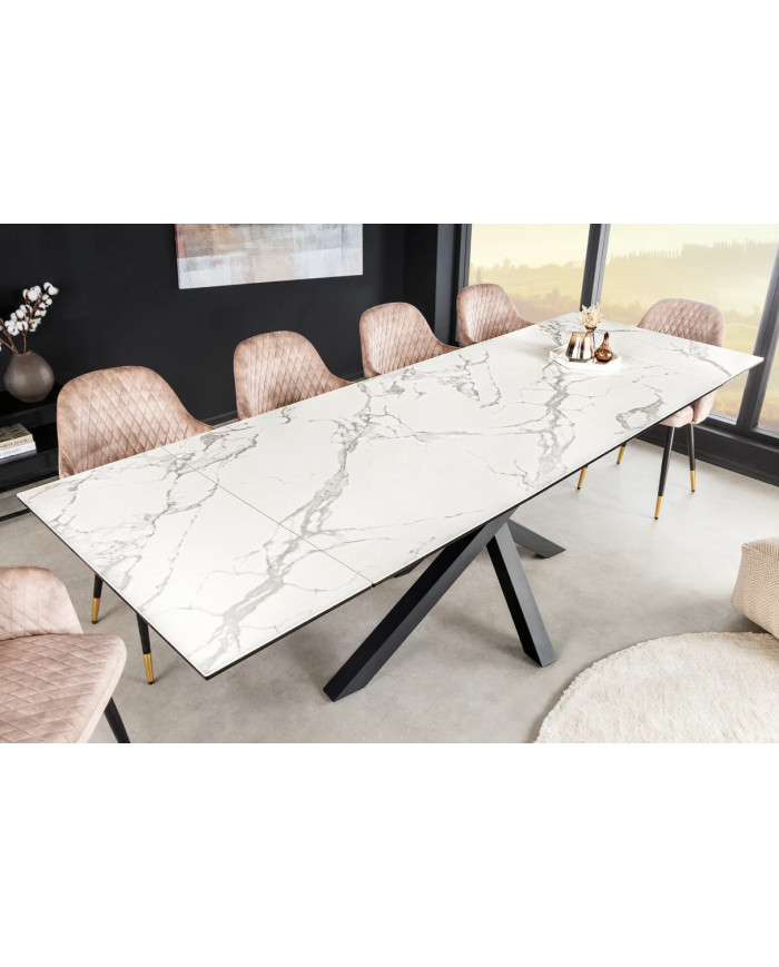 Table en céramique italienne extensible effet marbre blanc pieds métal noir 180(260)x95x76 cm Aurelia