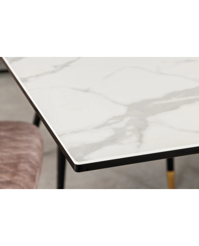 Table en céramique italienne extensible effet marbre blanc pieds métal noir 180(260)x95x76 cm Aurelia