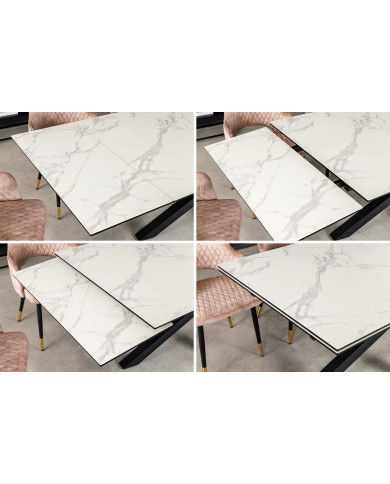 Table en céramique italienne extensible effet marbre blanc pieds métal noir 180(260)x95x76 cm Aurelia