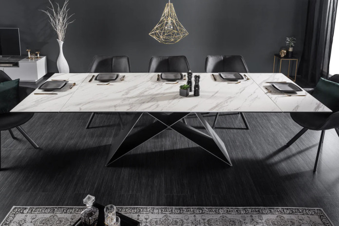 Table en céramique extensible effet marbre blanc pieds métal noir 180(260)x100x76 cm Orion