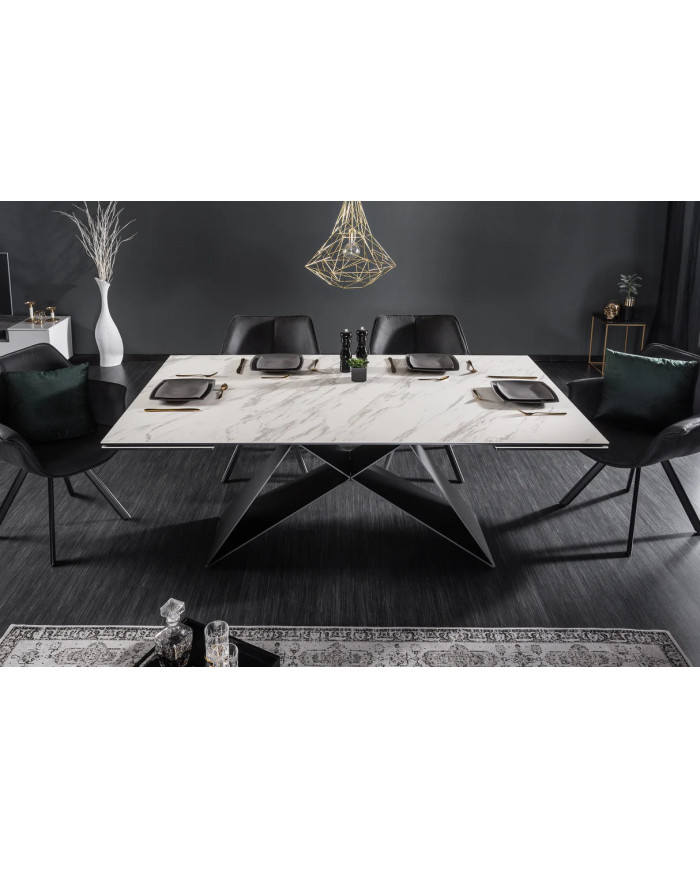 Table en céramique extensible effet marbre blanc pieds métal noir 180(260)x100x76 cm Orion