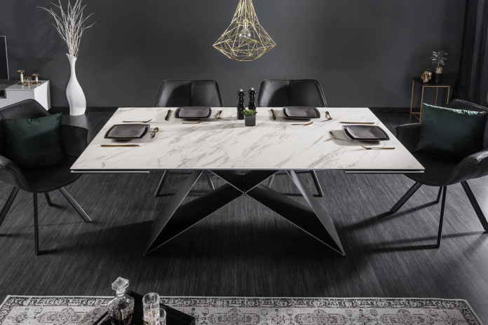 Table en céramique extensible effet marbre blanc pieds métal noir 180(260)x100x76 cm Orion
