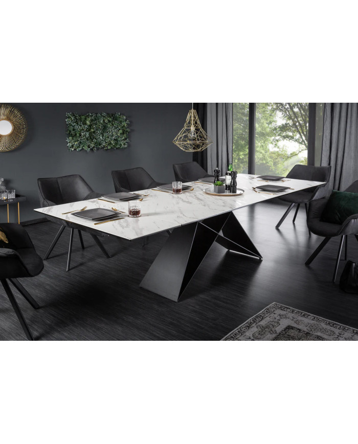 Table en céramique extensible effet marbre blanc pieds métal noir 180(260)x100x76 cm Orion