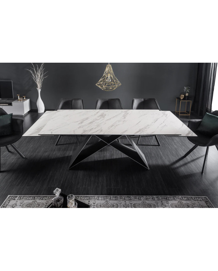 Table en céramique extensible effet marbre blanc pieds métal noir 180(260)x100x76 cm Orion