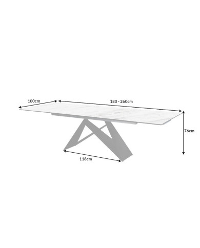Table en céramique extensible effet marbre blanc pieds métal noir 180(260)x100x76 cm Orion