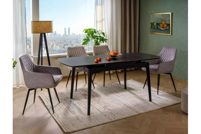 Table en céramique extensible effet marbre noir pieds bois noir 120(180)x80x75 cm Sento