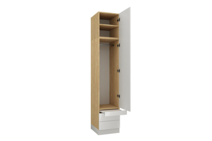 Armoire une porte double penderie et double tiroirs et tablette 45 cm blanc brillant Ambiance