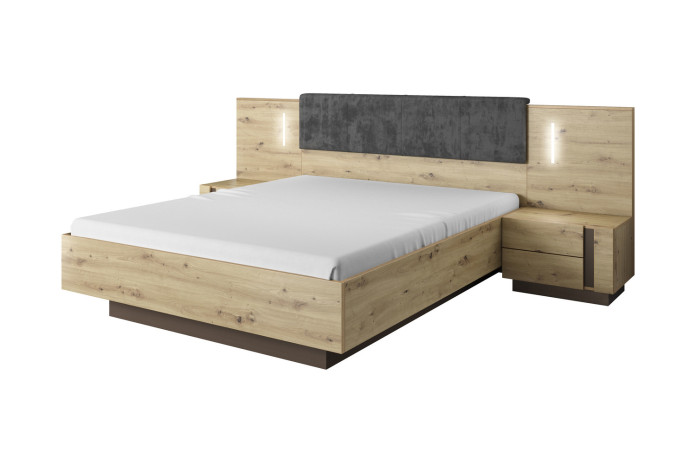 Lit avec tête de lit capitonné + 2 chevets LEDs intégrés 160x200 cm chêne artisan Mobilinea Artisan