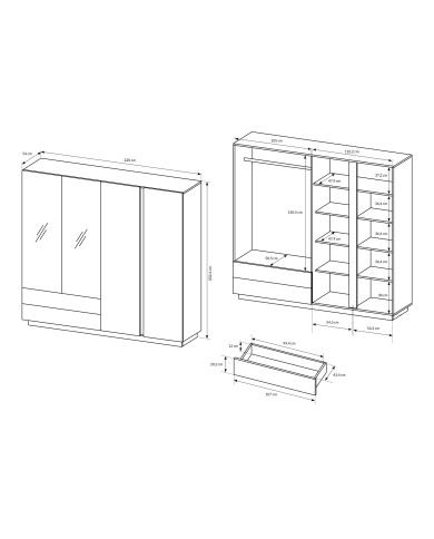 Armoire 4 portes avec 2 miroirs et 2 tiroirs 220 cm chêne artisan et graphite 220 cm Mobilinea artisan