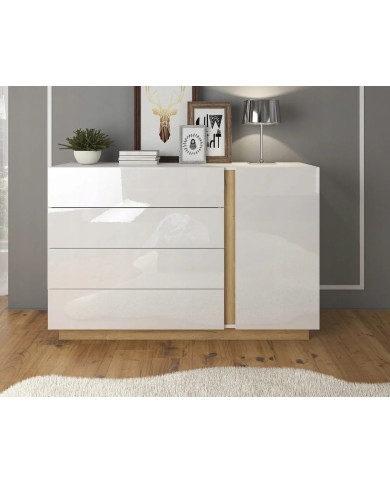 Commode étagères une porte et 4 tiroirs blanc brillant Mobilinea White