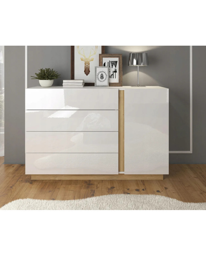 Commode étagères une porte et 4 tiroirs blanc brillant Mobilinea White