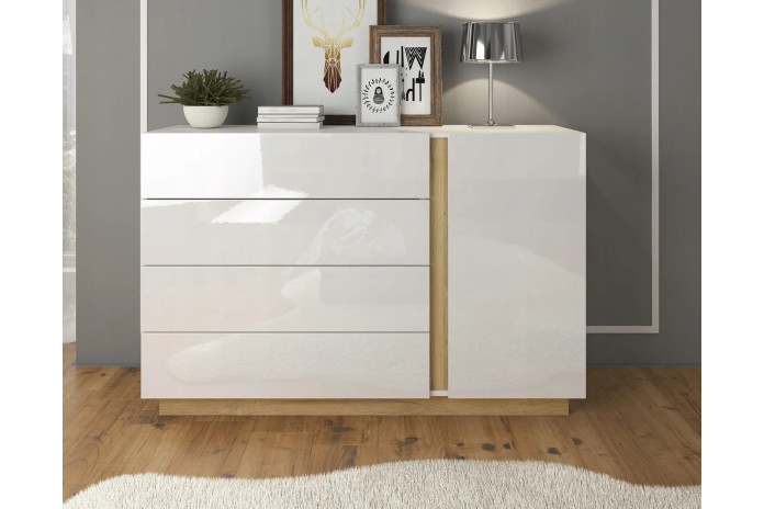 Commode étagères une porte et 4 tiroirs blanc brillant Mobilinea White