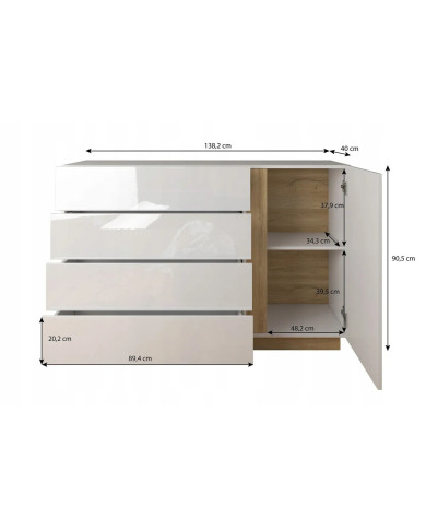 Commode étagères une porte et 4 tiroirs blanc brillant Mobilinea White